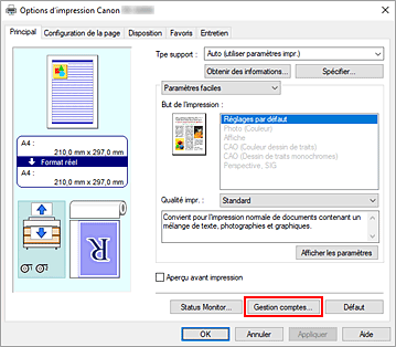 figure : Sélection de Gestion des comptes... dans l'onglet Principal