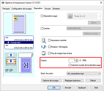 figure : Copies dans l'onglet Configuration de la page