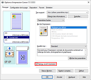 figure : Case à cocher Aperçu avant impression dans l'onglet Principal