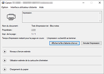 figure&nbsp;: Écran d'état d'imprimante Canon IJ