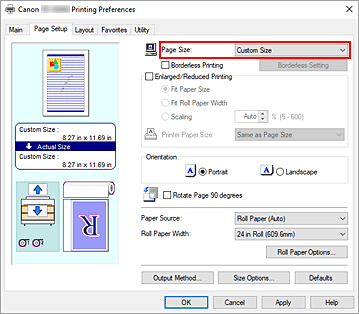 figura: Selecione Personalizar como Tamanho de Página na guia Configurar Página