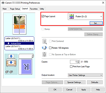 figure:Select Poster (1 x 2) or Poster (2 x 2) for Page Layout on the Page Setup tab