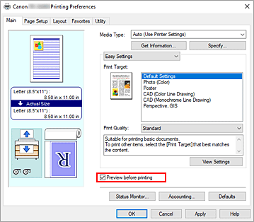 figure:Preview before printing check box on the Main tab