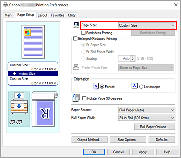 figure:Select Custom for Page Size on the Page Setup tab