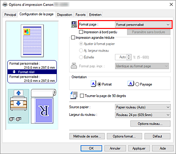 figure&nbsp;: Sélectionnez Personnalisé pour Format page dans l'onglet Configuration de la page.