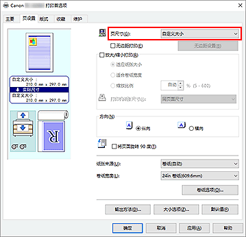插图：在“页设置”选项卡上将“页尺寸”选择为“用户定义”