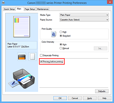 фигура: Квадратче за отметка „Preview before printing” в раздела „Main”