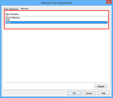 figure:Select None for Color Correction in the Manual Color Adjustment dialog box