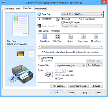 Imagen: Tamaño de página en la ficha Configurar página