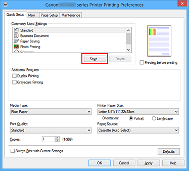 attēls: opcija Saglabāt... cilnē Ātra iestatīšana