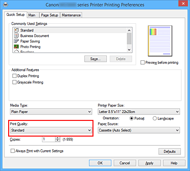 attēls: drukas kvalitāte cilnē Ātra iestatīšana