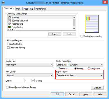 attēls: elements Papīra avots cilnē Ātrā iestatīšana