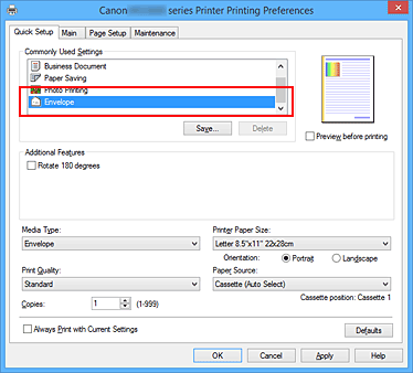 figura:Selectaţi Envelope de la Commonly Used Settings din fila Quick Setup