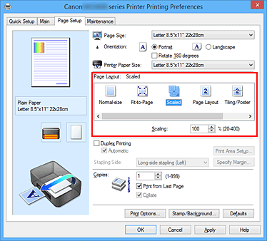 figura:Selectarea Scaled pentru Page Layout din fila Page Setup