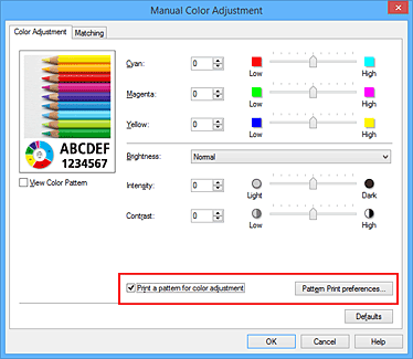 Imagen: Selección de Imprimir un patrón para el ajuste del color en la ficha Ajuste de color