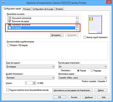 figure : Sélectionnez Enveloppe dans Paramètres courants dans l'onglet Configuration rapide.