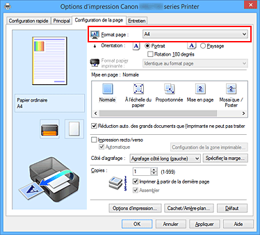 figure : Format page dans l'onglet Configuration de la page