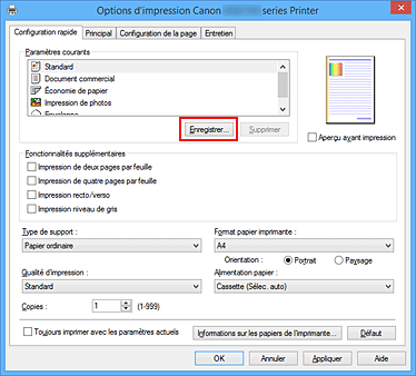 figure : Enregistrer... dans l'onglet Configuration rapide