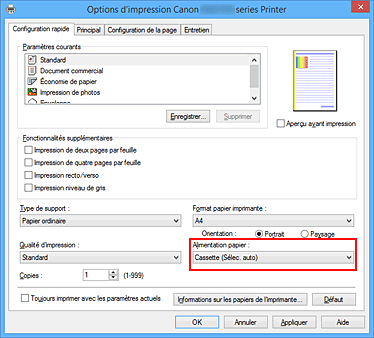 figure : Alimentation papier dans l'onglet Configuration rapide