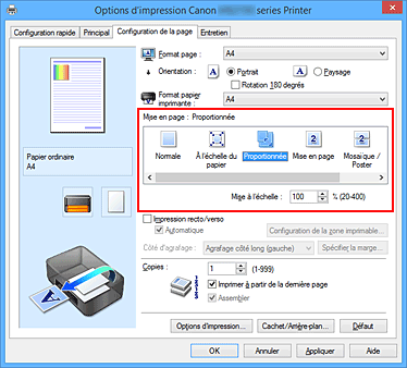 figure : Sélectionnez Proportionnée comme Mise en page dans l'onglet Configuration de la page.