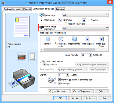 figure : Format papier imprimante dans l'onglet Configuration de la page