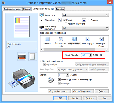 figure : Mise à l'échelle dans l'onglet Configuration de la page