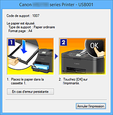 figure : Écran d'état d'imprimante Canon IJ-Affichage d'une erreur