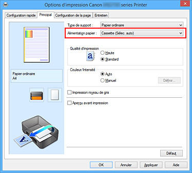 figure : Alimentation papier dans l'onglet Principal
