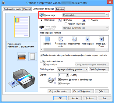 figure : Sélectionnez Personnalisé pour Format page dans l'onglet Configuration de la page.