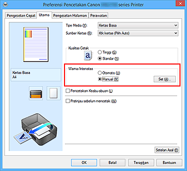 gambar: Pilih Manual untuk Warna/Intensitas pada tab Utama