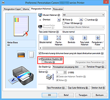 gambar: Kotak centang Pencetakan Dupleks pada tab Pengesetan Halaman