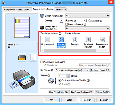 gambar: Pilih Pas ke Halaman untuk Tata Letak Halaman pada tab Pengesetan Halaman