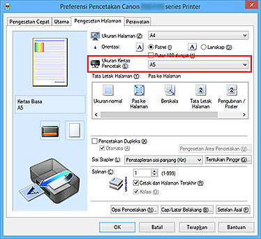 gambar: Ukuran Kertas Pencetak pada tab Pengesetan Halaman