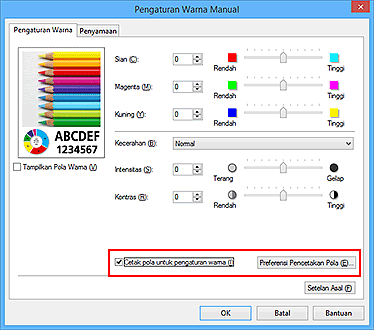 gambar: Pilih Cetak pola untuk pengaturan warna pada tab Pengaturan Warna