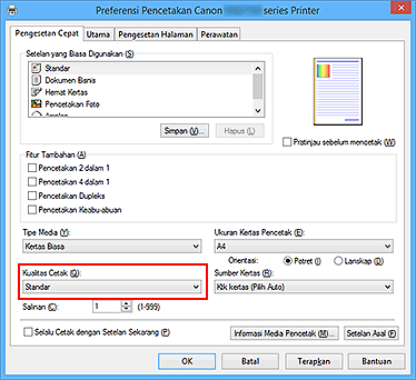 gambar: Kualitas Cetak pada tab Pengesetan Cepat