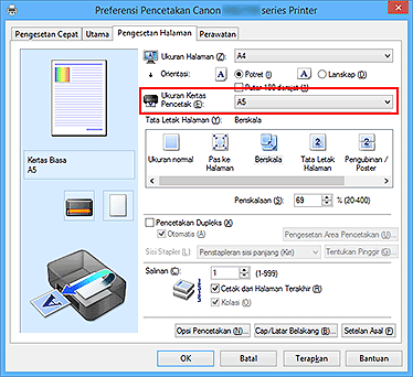 gambar: Ukuran Kertas Pencetak pada tab Pengesetan Halaman