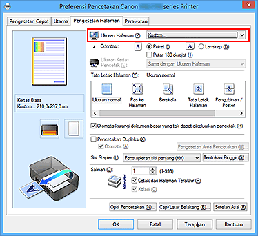gambar: Pilih Kustom untuk Ukuran Halaman pada tab Pengesetan Halaman