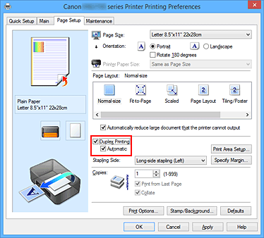 figura: Caixa de seleção Impressão Duplex na guia Configurar Página