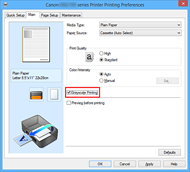 figura:Caseta de selectare Grayscale Printing din fila Main