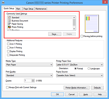slika: možnost Commonly Used Settings na kartici Quick Setup