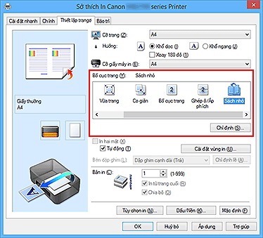 hình: Chọn Sách nhỏ cho Bố cục trang trên tab Thiết lập trang