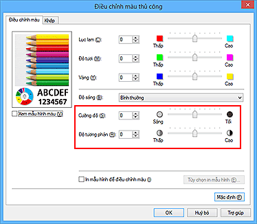 hình: Cường độ/Độ tương phản trên hộp thoại Điều chỉnh màu thủ công