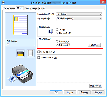 hình: Chọn Thủ công cho Màu/Cường độ trên tab Chính