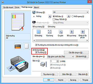 hình: Hộp kiểm In hai mặt trên tab Thiết lập trang