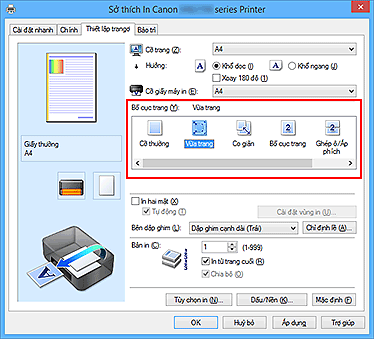 hình: Chọn Vừa trang cho Bố cục trang trên tab Thiết lập trang