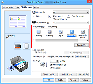 hình: Chọn Bố cục trang cho Bố cục trang trên tab Thiết lập trang