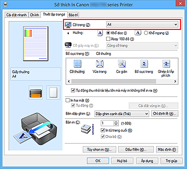 hình: Cỡ trang trên tab Thiết lập trang