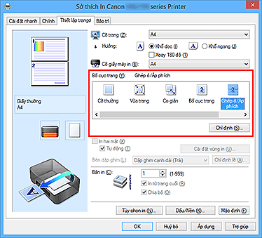 hình: Chọn Ghép ô/Áp phích cho Bố cục trang trên tab Thiết lập trang