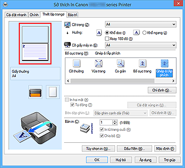 hình: Xem trước Cài đặt được hiển thị trên tab Thiết lập trang