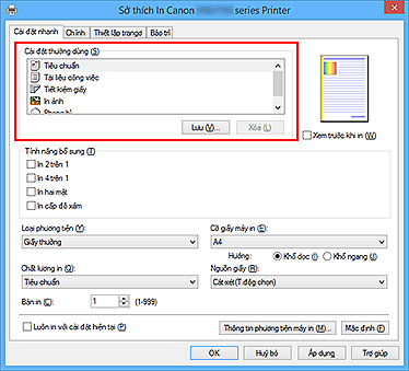 hình: Cài đặt thường dùng trên tab Cài đặt nhanh